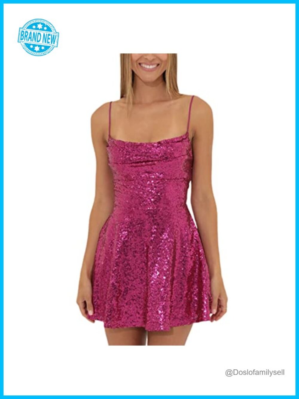 Sparkly Sequin Mini Dress Lace-Up Open Back Cowl Neck A-Line Cocktail Party